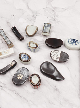 日式筷子架汤勺托摆台筷托三分烧陶瓷日韩餐厅酒店黑色樱花餐具