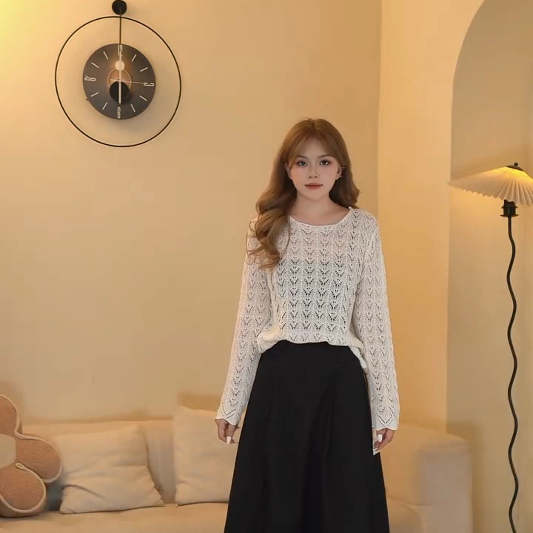 【莲蓉包】法式钩花缕空针织衫长袖亚麻上衣女夏季外搭罩衫衣5159