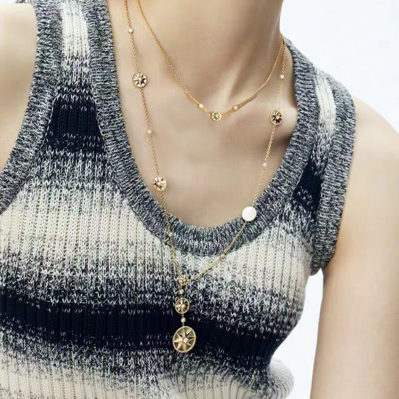 高级感天然石幸运罗盘项链女长款轻奢锁骨链徽章八芒星毛衣链叠戴