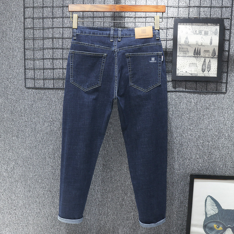 纯色秋季九分牛仔裤男士修身直筒深蓝色弹力休闲潮流原色新款裤子