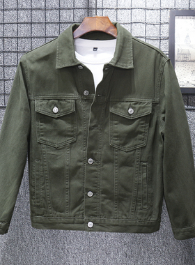 全棉春秋季  纯色牛仔外套男高端休闲夹克短款纯棉军绿色上衣新款
