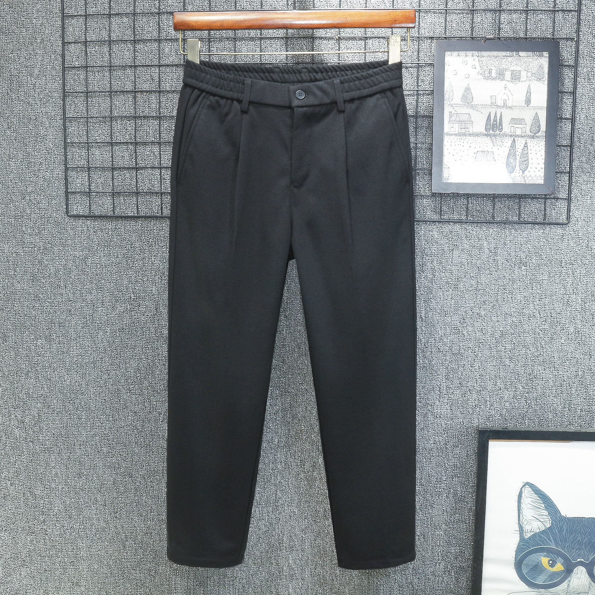 加绒毛呢秋冬季黑色裤子男士九分休闲裤垂感直筒呢子春秋磨毛加厚,男装,休闲裤,淘宝优惠券,粉丝福利购,淘宝优惠卷