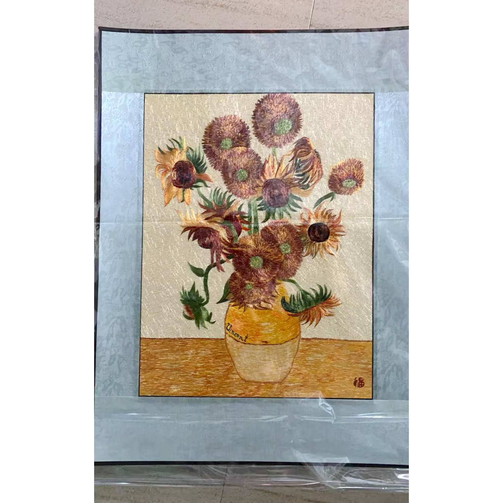 特卖苏绣成品客厅装饰画玄关刺绣挂画梵高向日葵瓶中百花富贵牡丹