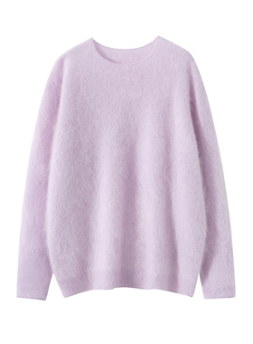 秋冬新款无缝一体拉绒100%纯山羊绒衫女圆领毛衣宽松慵懒风打底衫