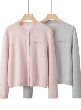 100纯山羊绒鄂尔多斯市产秋冬字母logo毛衣开衫宽松外套羊绒衫女