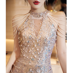 挂脖晚礼服女高级感宴会气质重工鱼尾长裙轻奢小众高端年会主持人