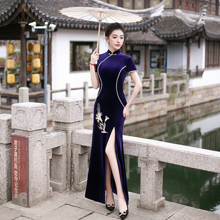 丝绒旗袍 改良短袖 走秀旗袍2026新款 高端舞台表演出服团队服年轻款