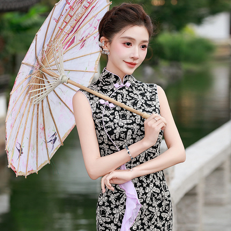 中国风改良走秀礼仪旗袍秀演出服波浪边高端长款老上海显瘦年轻款