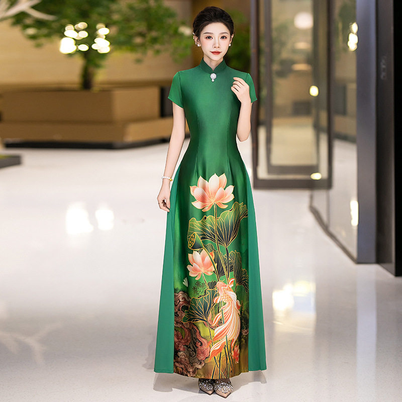 高端走秀旗袍演出服女长款优雅中国风改良版连衣裙舞台表演服装夏