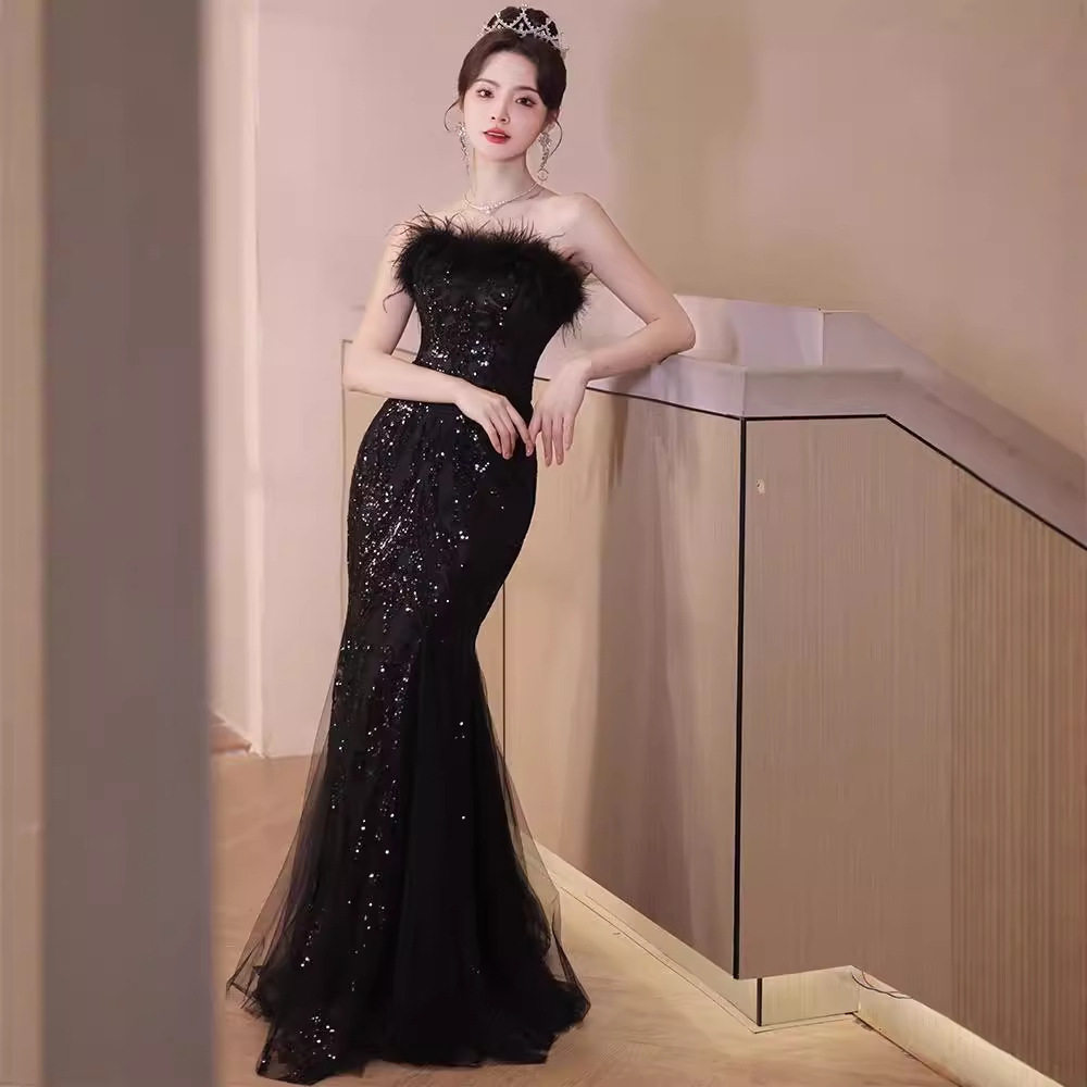 黑色晚礼服女2026新款年会主持人小众高级感气质羽毛鱼尾声乐艺考,女装/女士精品,婚纱,淘宝优惠券,粉丝福利购,淘宝优惠卷