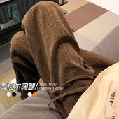 女2025新款 春秋冬加绒窄版 直筒裤 麦穗雪尼尔阔腿裤 美拉德咖色裤 子