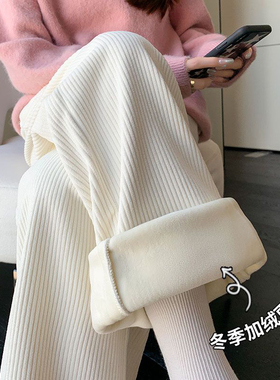 秋冬季米白色加绒加厚阔腿裤子女高腰垂坠感窄版小个子百搭休闲裤