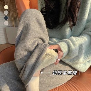 休闲小个子加厚棉裤 高腰垂感加绒阔腿裤 女秋冬季 灰色羊羔绒糯米裤