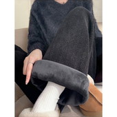 黑色麦穗纹阔腿裤 女2025秋冬新款 高腰宽松小个加绒显瘦休闲直筒裤