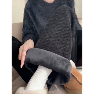 高腰宽松小个子加绒显瘦休闲直筒裤 羊羔绒麦穗纹阔腿裤 女2025新款