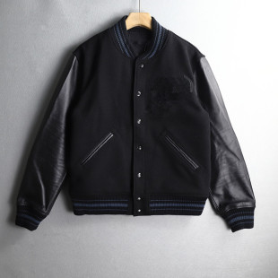 棒球领夹克外套 羊毛拼皮袖 优外汇 欧美复古高端贴布刺绣街头时尚