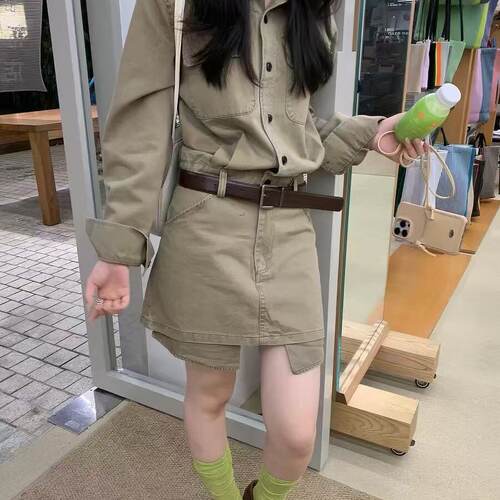 芭尼家-韩系简约翻领宽松纯色长袖毛边A字水洗衬衫裙连衣裙F09340