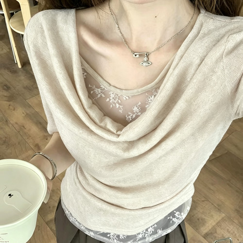 CICI PARTY -假两件荡领蕾丝拼接短袖T恤女夏季堆叠感褶皱短G6562