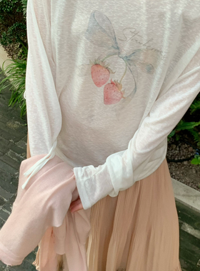 Flower April（FA）-甜美草莓蕾丝斜肩露肩蝴蝶结印花防晒罩18017