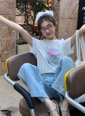 OMELET蛋卷-26年春夏韩系复古百搭像素风小花印花短袖T恤(HT26054