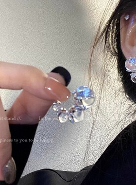 925银针新款冰透串珠耳环女ins潮轻奢小众透明耳钉网红耳饰品