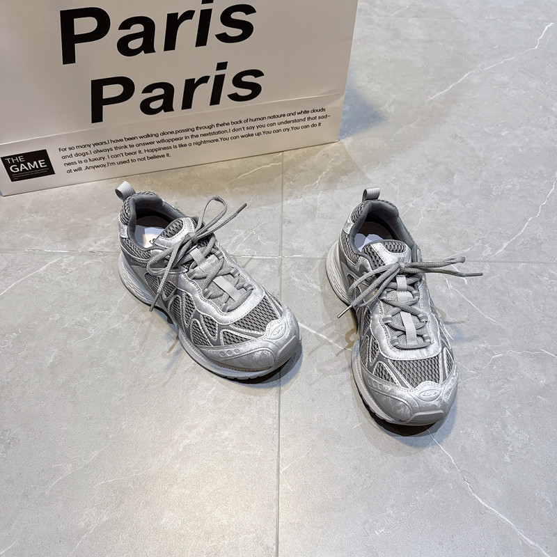 2025秋季新款网面运动鞋女银色透气厚底真皮德训鞋休闲百搭老爹鞋,女鞋,时尚休闲鞋,淘宝优惠券,粉丝福利购,淘宝优惠卷