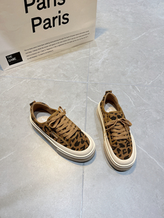 真皮休闲鞋 磨砂牛皮厚底豹纹板鞋 女2026春季 新款 潮 系带运动饼干鞋