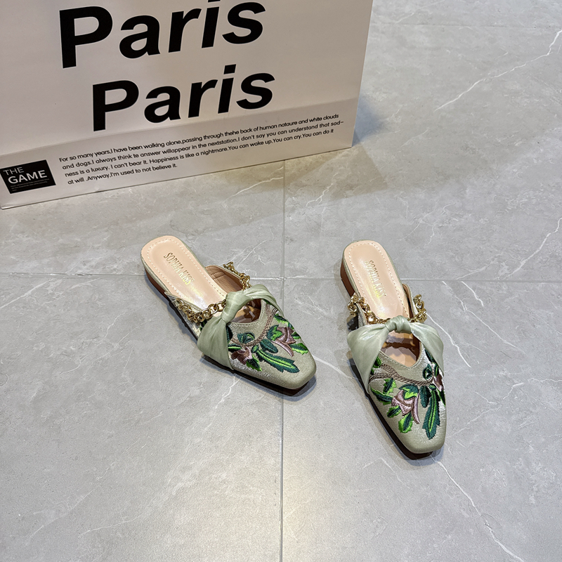 复古新中式一脚蹬平底凉拖鞋