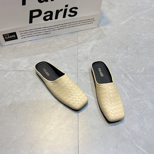 平底穆勒鞋 编织纹方头复古奶奶鞋 凉拖 女夏外穿2025新款 包头半拖鞋