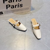 职业高跟半托单鞋 女外穿粗跟搭扣懒人一脚蹬穆勒鞋 包头半拖鞋 法式