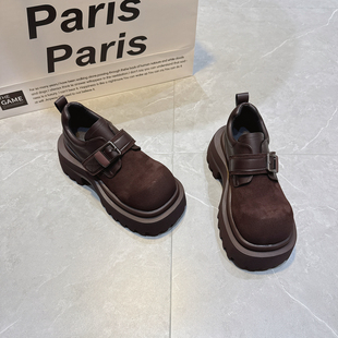 休闲复古德比鞋 增高7CM英伦风厚底乐福鞋 女大头魔术贴松糕小皮鞋