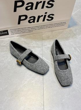 法式方头玛丽珍鞋女2025冬季新款呢子毛毛鞋一字扣平底晚晚风单鞋