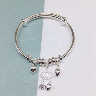 胜银·推拉口两世欢莲花莲蓬吊坠纯银手镯时尚 送女生礼物足银999