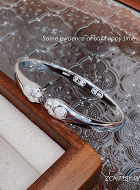 胜银·猫爪镯亮面足银999.9手镯实心内刻平安喜乐小女生纯银手镯