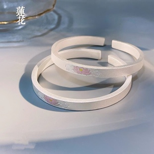 胜银·莲花国风彩色珐琅荷花古法磨砂哑光实心开口足银999手镯
