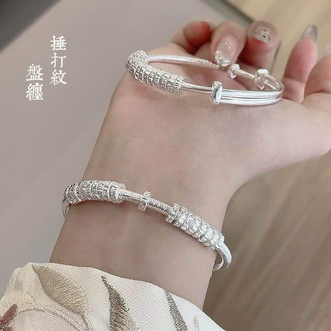 胜银·盘缠推拉口实心足银999.9手镯时尚女生送闺蜜礼物纯银手镯