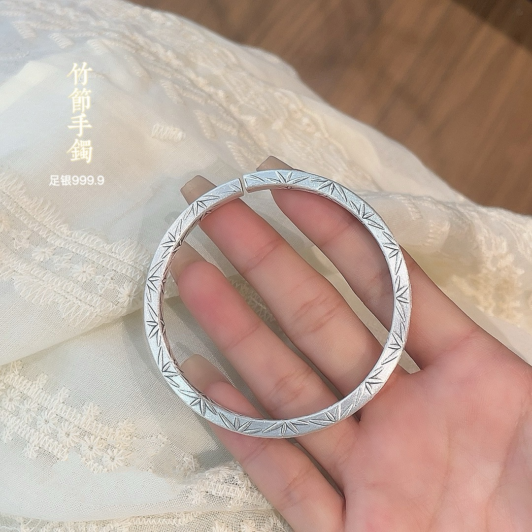 胜银·复古款四方哑光做旧竹节开口手镯实心足银999.9男女可戴