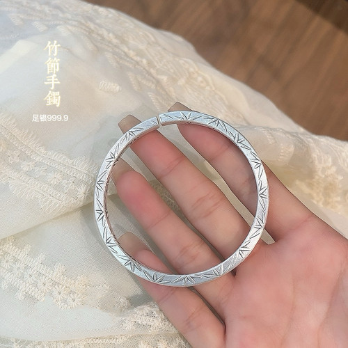 胜银复古哑光竹节开口足银手镯