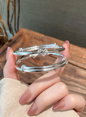 胜银·光面爱心不规则设计推拉口手镯实心足银999.9小众纯银手镯