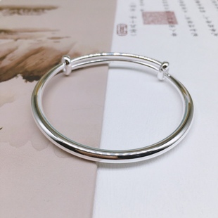 胜银·圆棍实心光面推拉口足银999手镯亮面百搭简约送礼纯银手镯