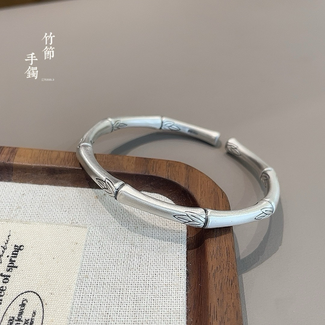 胜银·复古做旧款哑光竹节手镯开口实心足银999.9男女可戴纯银
