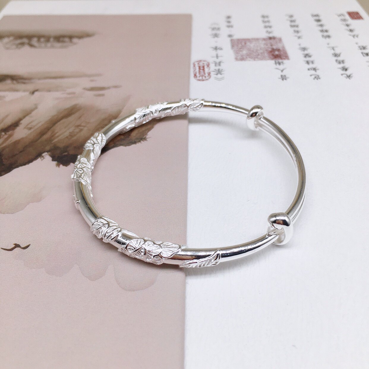 胜银·繁花似锦手镯足银999网爆款百搭配纯银推拉口女士流行手镯