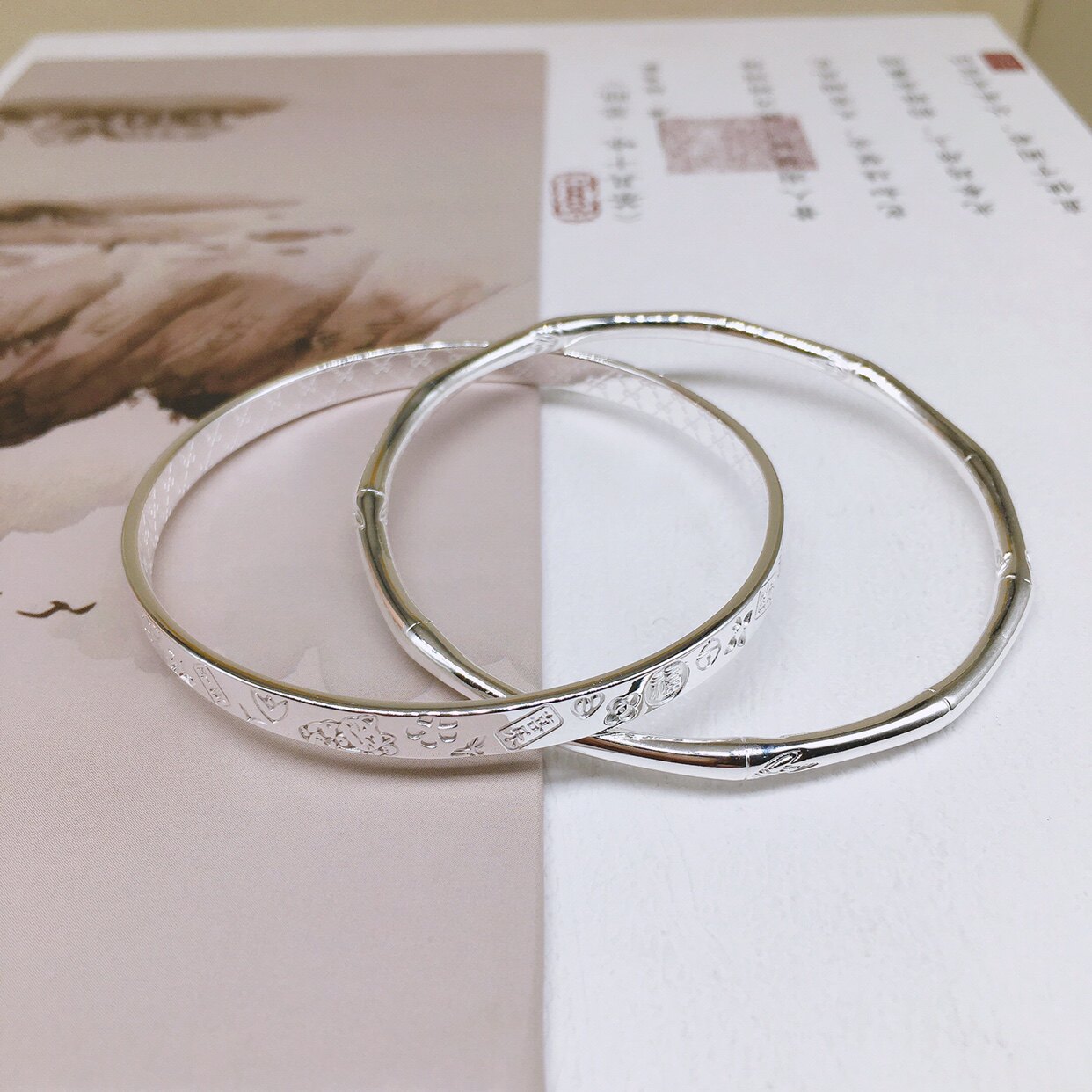 胜银·双环亮面吉言竹节两圈实心足银999手镯送女生闺蜜纯银手镯