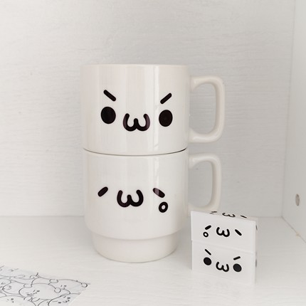 颜文字陶瓷马克杯叠叠杯情侣闺蜜款咖啡杯喝水生日礼物可爱杯子