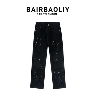 BAIRBAOLIY黑色彩绘泼墨牛仔裤男款ins潮牌痞帅修身氛围感直筒裤