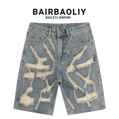 BAIRBAOLIY潮牌高街破洞牛仔短裤