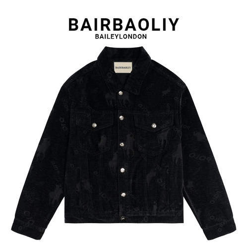 BAIRBAOLIY轻奢痞帅高端潮流提花暗纹小马标复古宽松翻领牛仔夹克