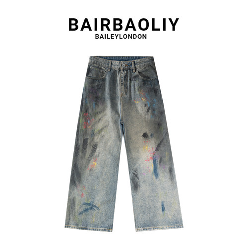 BAIRBAOLIY潮泼墨涂鸦阔腿牛仔裤