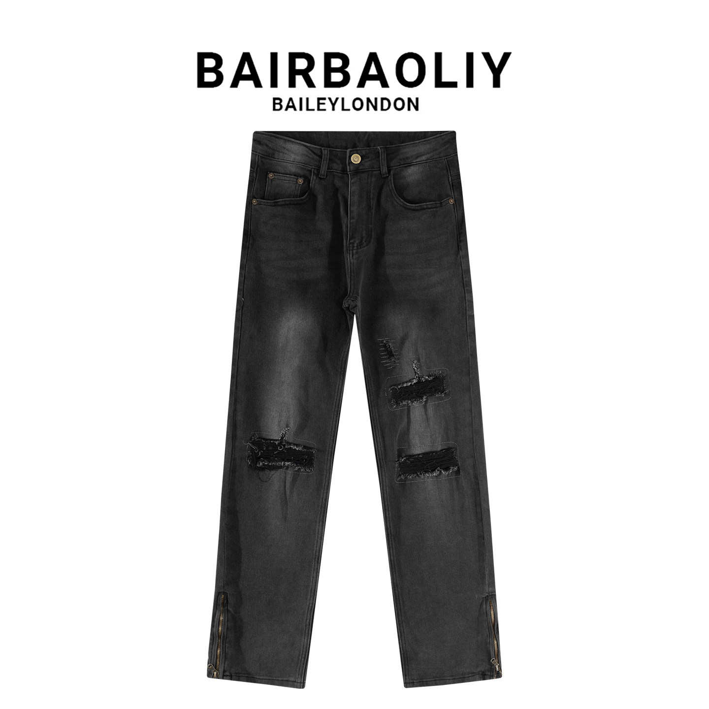 BAIRBAOLIY潮牌高端复古做旧假破洞拉链开叉潮酷直筒休闲牛仔裤男