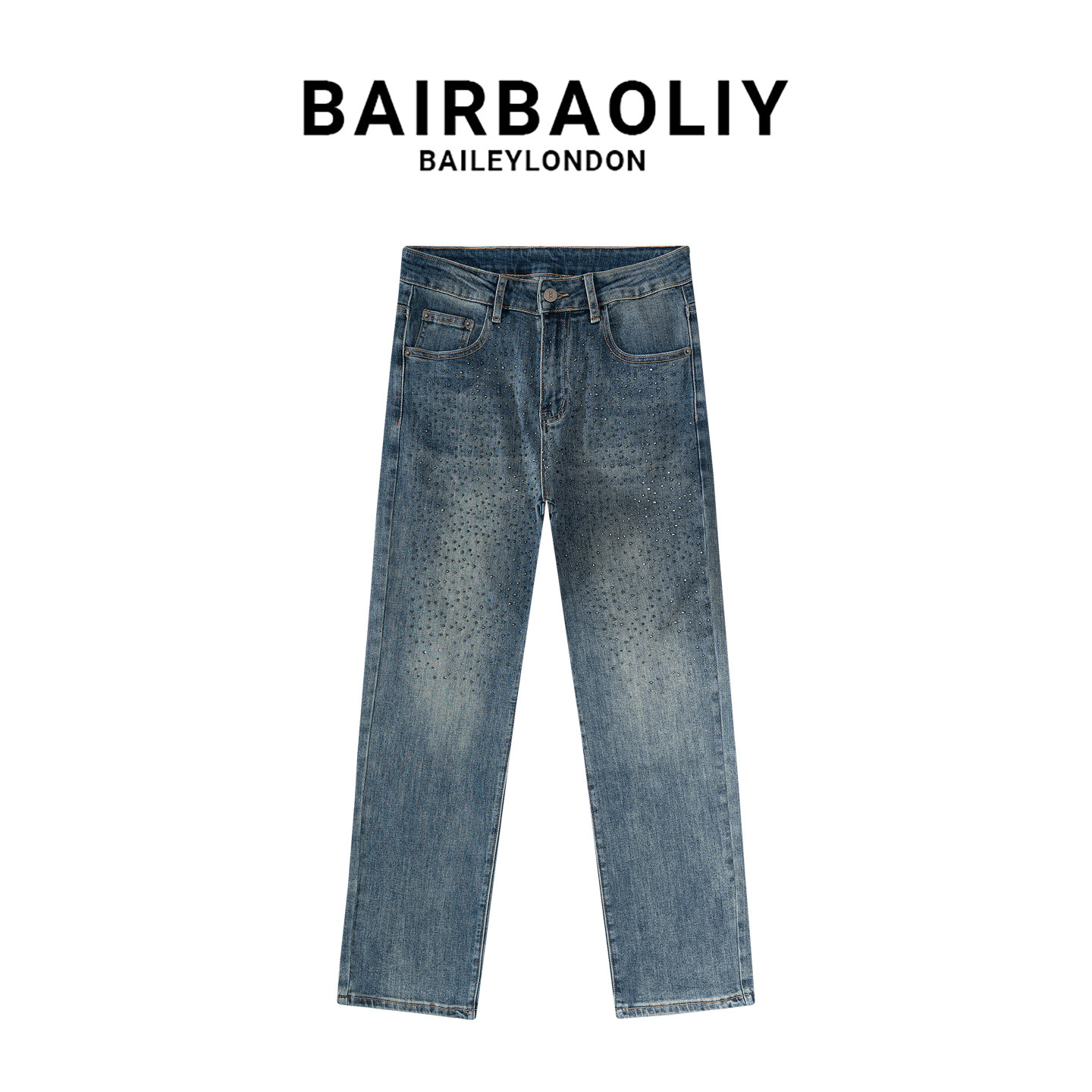 BAIRBAOLIY满天星氛围感美式潮牌高端时尚烫钻男款直筒修身牛仔裤图片